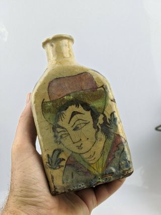 Antique Persian Pottery Bottle Vase Qajar Dynasty 19th Century Figural Design