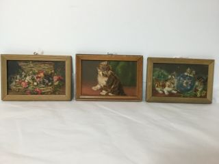 Vintage 1940’s Cat Kitten 3d Picture Set,  Brown Wood Frames