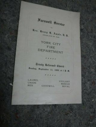 Antique 1909 Funeral Service Program - Chaplain Of York City Fire Department (pa)