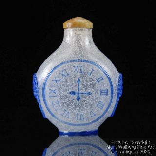 Chinese Peking Glass Snuff Bottle,  Blue Glass Overlay Pocket Watch Design