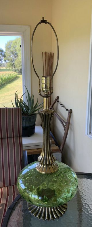 Vintage Mid Century Modern Green Glass Brass Metal Table Lamp