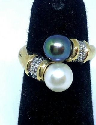 Vintage Sgnd 10k Solid Yellow Gold Ring W/ White & Black Pearls Size 41/2 3.  9gr