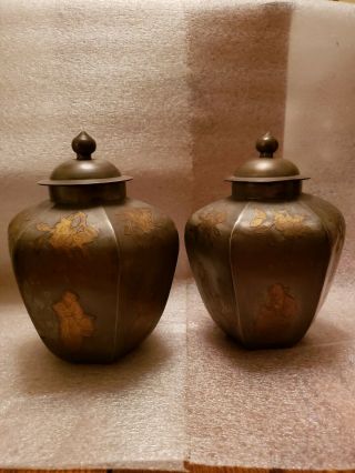 Two Early Antique Chinese Pewter Brass Inlay Ginger Jars