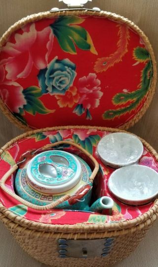 Vintage Chinese Jingdezhen Porcelain Famille Rose Tea Set And Basket