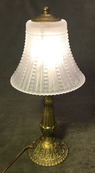 Vintage Art Deco Hand Blown Frosted Glass Shade Brass Table Lamp By Sarsaparilla