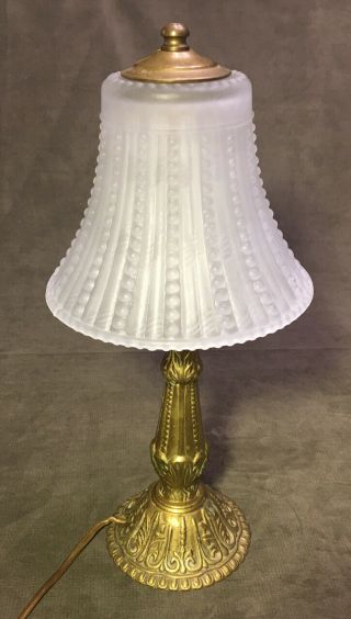 Vintage Art Deco Hand Blown Frosted Glass Shade Brass Table Lamp By Sarsaparilla 2