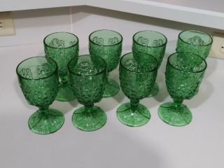 Vintage L.  G.  Wright Daisy & Button Pattern Green Glass Stem Goblets Set Of 8