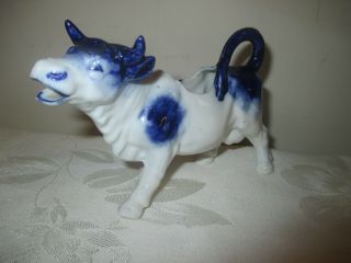 Antique Vintage Cobalt Flow Blue & White Porcelain Cow Creamer,  Art Pottery