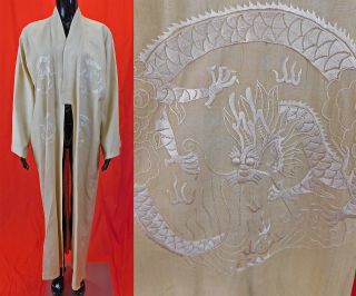 Vintage Antique Chinoiserie Chinese Dragon Embroidered Pongee Silk Kimono Robe