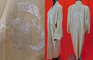 Vintage Antique Chinoiserie Chinese Dragon Embroidered Pongee Silk Kimono Robe 3
