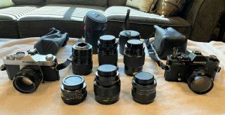 Vintage Konica Autoreflex T3 & A3 35mm Cameras With Numerous Lenses