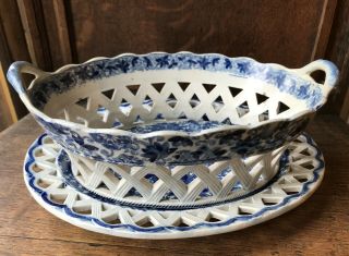 Late 18th Century Blue & White Pearlware Chestnut Basket & Stand Chinese Export