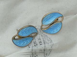 Vintage David Andersen Norwegian Silver Gilt Blue Enamel Leaf Earrings Pierced