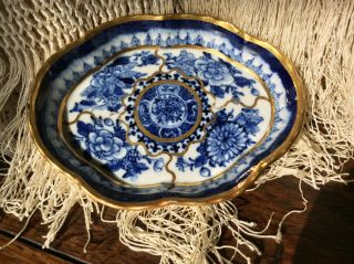 Chinese Antique 18th C Porcelain Spoon Rest Dish Blue,  White,  Gold Fitzhugh
