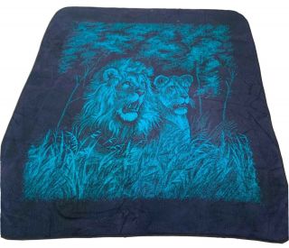 Vintage San Marcos Blanket Reversible Blue & Black Lion Lioness 82 " X 92 "