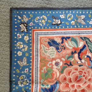 ANTIQUE CHINESE SILK EMBROIDERY PANEL BUTTERFLIES FLOWERS BLUE AND ORANGE 2