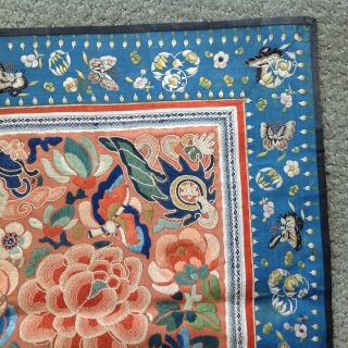 ANTIQUE CHINESE SILK EMBROIDERY PANEL BUTTERFLIES FLOWERS BLUE AND ORANGE 3