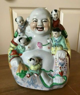 Vintage Chinese Porcelain Laughing Buddha Figure Surrounded By Children Mid 20th