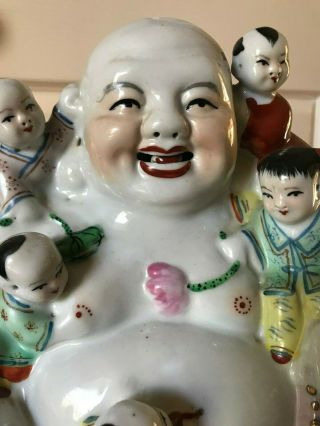 Vintage Chinese Porcelain Laughing Buddha Figure Surrounded By Children mid 20th 2