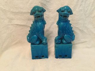 Vintage Chinese Turquoise Blue Porcelain Foo Dog Figurines - One Pair