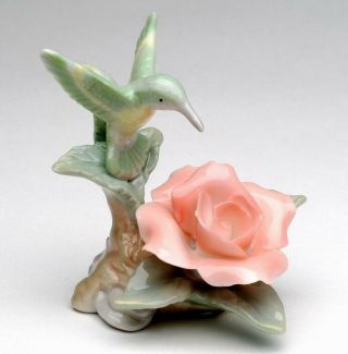 Fine Porcelain Figurine Hummingbird Rose Statue Figure Pink Flower Bird