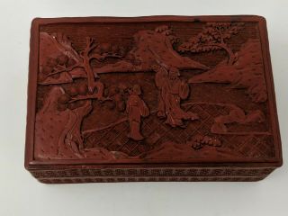 Antique Vintage Chinese Carved Red Cinnabar Jewelry Cigarette Box 5.  75 " X3.  75 " X2 "