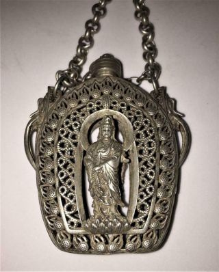 Exquisitely Caste Chinese White Metal Chatelaine Guanyin Snuff Bottle - Signed 2