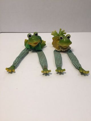 Frog Shelf Sitters Boy & Girl Set Pair Green White Check Fabric Legs
