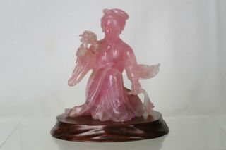 Fine Antique Chinese Carved Pink Quartz Figure Of A Seated Lady - With Stand