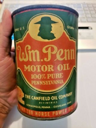 Vintage Wm Penn One Quart Motor Oil Can Metal Gas