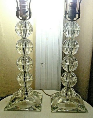 Pr Vtg Art Deco Mid Century Modern 2 Stacked Glass Crystal Ball Lamps