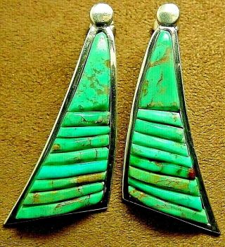 Large Vintage Old Pawn Navajo Sterling Silver Turquoise Pierced Earrings Signed