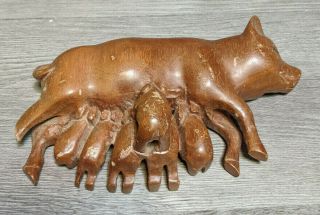 Vintage Folk Art 7 " Hand Carved Wood Pig W/ Nursing Suckling Piglets Figurine