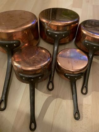 Vintage Set Of 5 French Copper Pans/saucepans With Cast Handles