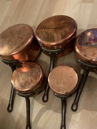 Vintage Set Of 5 French Copper Pans/Saucepans With Cast Handles 2