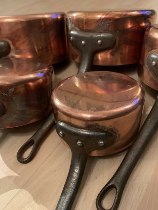 Vintage Set Of 5 French Copper Pans/Saucepans With Cast Handles 3