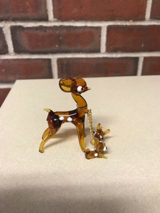 Vintage Glass Deer Fawn With 2 Miniature Babies On Chain Figurine Euc