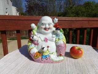 Vintage Chinese Famille Rose Porcelain Happy Buddha Five Children 10” Tall