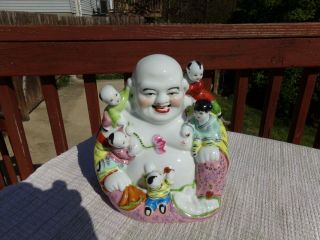 Vintage Chinese Famille Rose Porcelain Happy Buddha Five Children 10” Tall 2