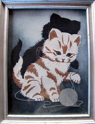 Vintage Cat Kitten Picture Framed Under Glass Painted On Felt Charming
