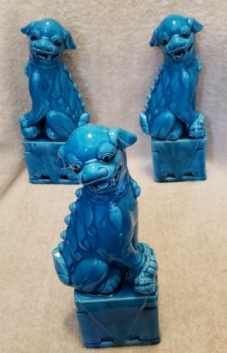Vintage Porcelain Turquoise Blue Chinese Foo Dogs & One More Foo Dog