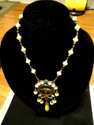 Vintage Art Deco Czech Yellow & Multi - Color Crystals Egyptian Revival Necklace J