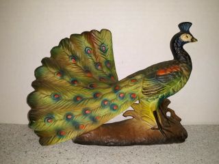 Vintage Colorful Painted Mid Century Modern Ceramic Peacock Table Figurine 8.  5 " L