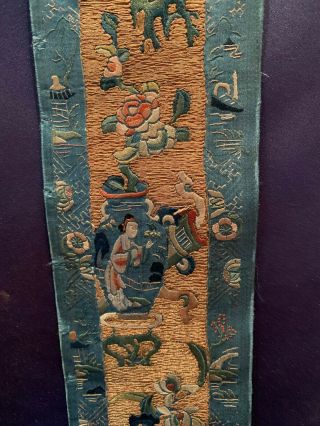 Antique Finely Hand Embroidered Chinese Sleeve Panel People Urns Gold Blue Silk