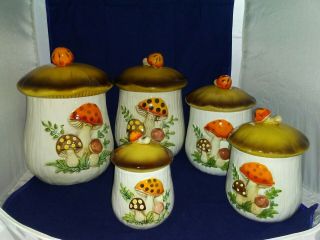 5 Piece Vtg Sears Merry Mushroom Canister Set 1 Can Be A Cookie Jar Euc