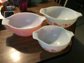 Vintage Pyrex Pink Gooseberry Cinderella Mixing Nesting Bowls 443 442 441 Euc