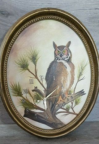 Vintage Owl Oval Framed Oil Painting Clock