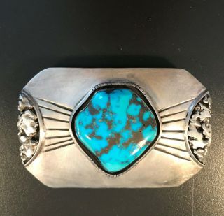Vintage Navajo Sterling Silver With Large Turquoise Belt Buckle,  Marked Jjm