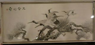 Antique Chinese Silk Embroidery Panel,  Six Cranes For Spring (六合迎春）very Old