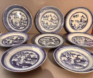 Early Set Of 8 Blue And White Chinese Export Canton Plates